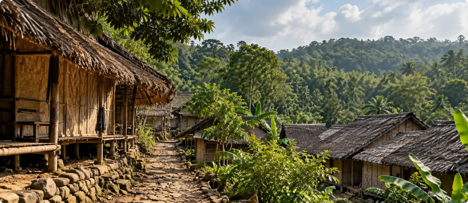 Rumah panggung beratap rumbia di kampung Baduy, dengan perbukitan hijau di belakangnya