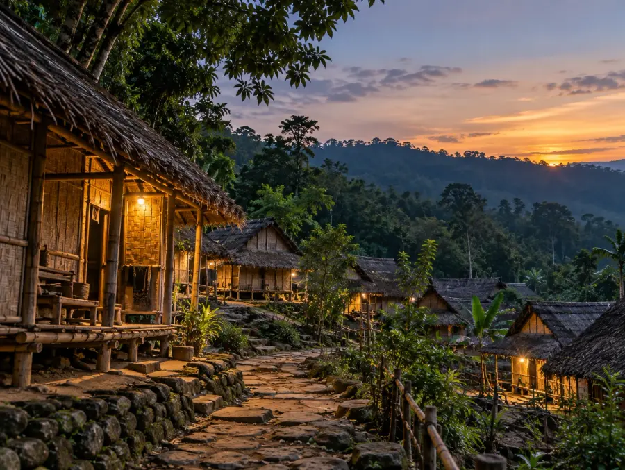 Kampung Baduy saat senja, lampu rumah mulai menyala