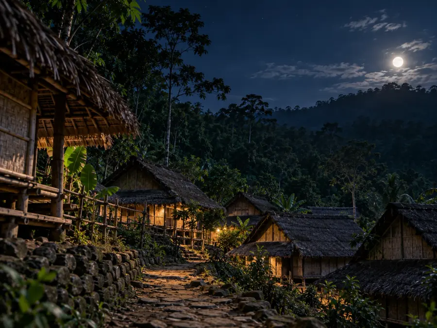 Kampung Baduy pada malam hari di bawah bulan